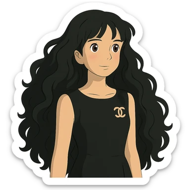 light skin girl with very long black curly hair, brown eyes, black Chanel dress sticker
