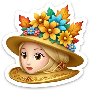 hat with autumn leaves and flowers, 3d emogis sticker