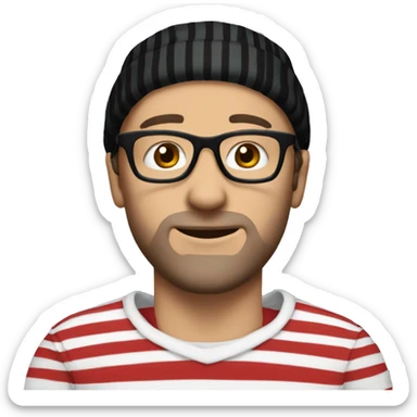 White man with long face black glasses a white and red striped beanie and shirt sticker