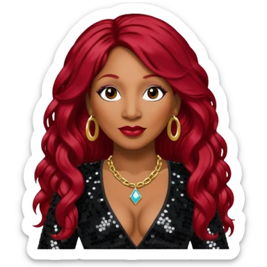 Traci Braxton with long dark red hair, black sequin outfit sticker