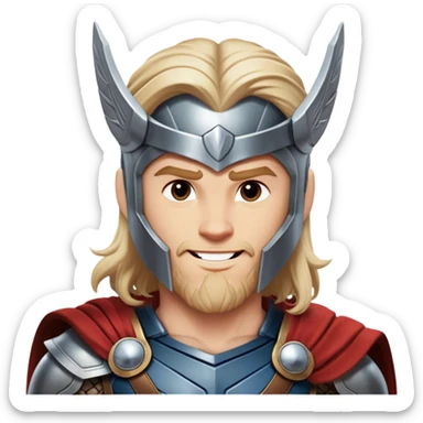 Cinematic Realistic Thor Portrait, head tilted playfully and inquisitively, showcasing his robust form and a warm, disarming smile. His expressive eyes and detailed armor are captured with lifelike clarity, as soft natural highlights reveal a side of the mighty god that is both approachable and full of mirth. sticker