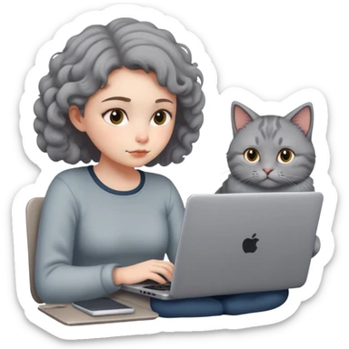 A girl is working hard on a laptop with a cat next to it sticker
