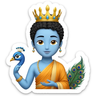 Create a Jesus, Krishna, and Buddha standing together. Krishna: bright blue skin, black curly hair tied in a small topknot, a tiny golden crown decorated with a peacock feather, wearing a yellow dhoti and light golden jewelry

 sticker