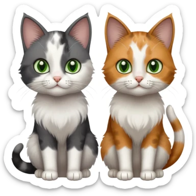 3 different coloured small cats including a dark grey and white, and a patchy calico with hazel eyes and a completely solid dark grey with green eyes and only white paws sticker