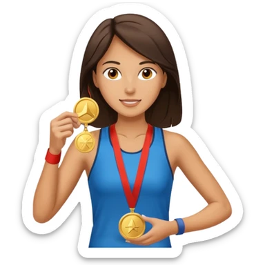 Beautiful brunette woman marathon runner receives medal sticker