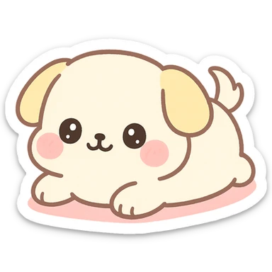 super kawaii, fluffy chubby puppy lying down, round face, big sparkly eyes, blushing cheeks, tiny limbs, short tail, soft fluffy fur; hand-drawn Japanese kawaii style, watercolor pastel tone, consistent colors cream, pastel pink, pastel yellow, baby blue sticker