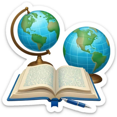 Create an emoji representing language translation. The design should feature just one globe in the background, symbolizing international communication. In front of the globe, place two opened books with texts on them and a pen nearby to indicate the act of writing. Use a clean and professional color palette with blues, greens, and neutral tones. Make the background transparent. sticker