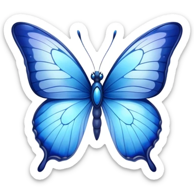Cinematic Realistic Noble Blue Butterfly Portrait Emoji, Poised and graceful, with delicate, translucent wings rendered in vivid sapphire and indigo tones, a slender, elegant body with finely detailed textures, and gentle, reflective eyes, illuminated by soft natural light, high shine, intelligent and ethereal, styled with an air of refined natural beauty, focused and attentive, soft glowing outline, capturing the essence of a watchful and confident blue butterfly that appears to flutter out of the screen with effortless grace! sticker