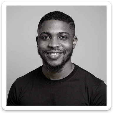 A professional portrait of me in monochrome. Plain black crew neck shirt. Tailored to LinkedIn. Tech boy vibe (programmer). I’m a black man from Nigeria. Retain facial features from attached image. Make face smoothie and healthy. No accessories. Light gray background to make subject more visible. sticker