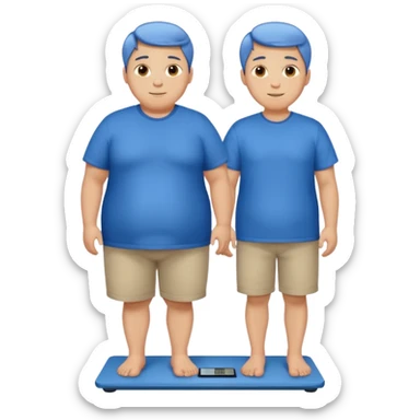 A young male with short dark-blonde hair and medium-light skin, only slightly overweight. He stands on a scale with a relieved, happy expression after noticing weight loss. He wears blue cloth, his posture relaxed with a gentle smile. sticker