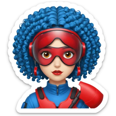 blue curly haired girl with huge earrings wearing red paintball helmet and eye protection, only face  sticker