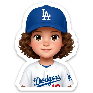 toddler girl in a white dodgers uniform with baseball cap curly brown short hair and dark brown eyes sticker