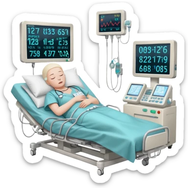 a PATIENT waking up before a surgery sleeping. And monitors with vitals and numbers sticker