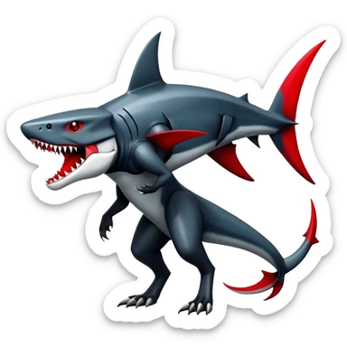 Realistic dark edgy futuristic modern advanced Sharpedo-Houndoom-Garchomp-Gabite-Scizor-sergal-hybrid-animal creature with a shark-tail and red scars, full body, with cool sharp markings  sticker
