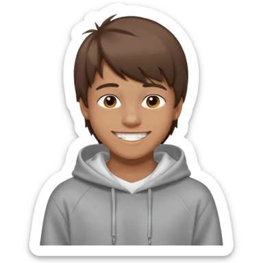 16 yr old boy, brown hair, straight, big smile, white teeth, tanned skin, bangs, hooded sweatshirt sticker