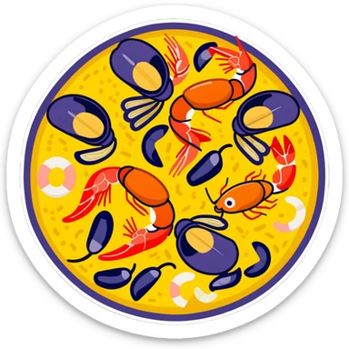 delicious seafood paella with prawns, mussels, and yellow rice in a traditional paella pan sticker