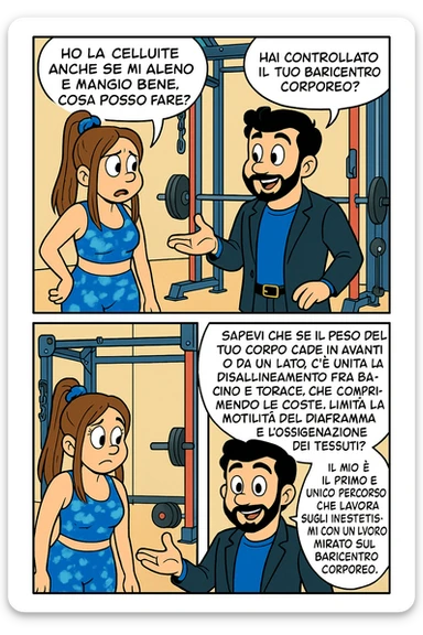 TRASFORMA QUESTO CAROSELLO IN UN FUMETTO STILE TOPOLINO CON QUESTE DUE PERSONE IDENTICHE CHE INTERLOQUISCONO TRA LORO:

LEI: Ho la cellulite anche se mi alleno e mangio bene, cosa posso fare?

LUI: Hai controllato il tuo baricentro corporeo?
LUI: Sapevi che se il peso del tuo corpo cade in avanti o da un lato, c’è un disallineamento fra bacino e torace, che comprimendo le coste, limita la motilità del diaframma e l’ossigenazione dei tessuti?
LUI: Il mio è il primo e unico percorso che lavora sugli inestetismi con un lavoro mirato sul baricentro corporeo. sticker