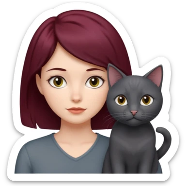 femme au cheveux court bordeau, yeux gris,  avec chat poils longs gris et chat poils ras noirs sticker