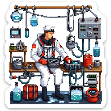 Russian sailor oceanologist operating a winch with scientific equipment and ocean research instruments sticker