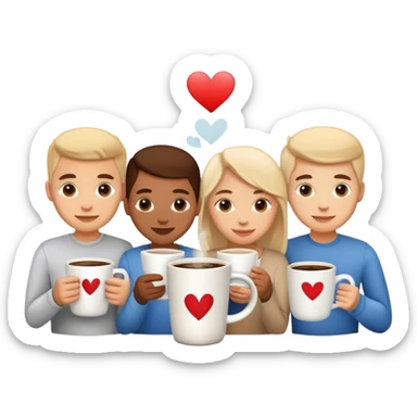 friends drinking coffee in a mug with the logo “v.love” sticker