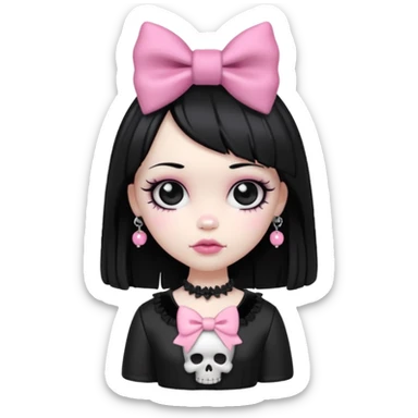 gothic girl with pink bow and skull charm, gothic style, vinyl figure, puffy details sticker