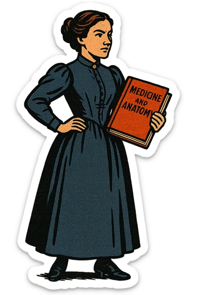 The full body of a victorian lady like Elizabeth Garrett Anderson holding a book about Medicine and Anatomy sticker