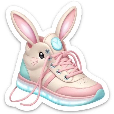 Cute Kawaii Shoe, small and bouncy, soft pastel sneakers with glowing highlights, cute sparkling eyes, a happy cheerful expression, laces tied like bunny ears! sticker