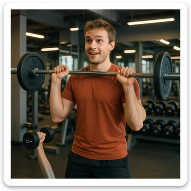 beginner subject in modern gym, wearing sportswear, starting workout with barbells and dumbbells, motivated and slightly uncertain expression, enthusiastic atmosphere, realistic details, background with weight rack and mirrors, 4K quality sticker