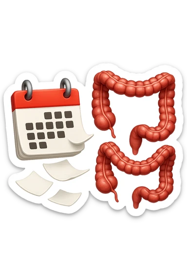 emoji stile iphone di un calendario con fogli che volano insieme a pezzi anatomici di colon umano, iperrealistico 4k, isolato su sfondo bianco sticker