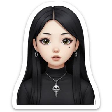 goth Asian girl, straight long black hair, vertical labret lip piercing, black mock neck shirt sticker