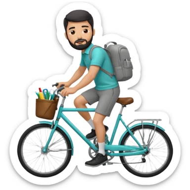 a man with a grey backpack and a torquoise byciycl and he has black shot=rt man hair and a beard with a polo grey shirt and dress pants and hes riding it with pants remeber sticker