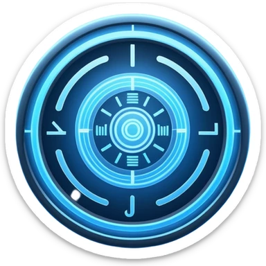 A circular blue holographic interface made of concentric rings, glowing tick marks, and data arcs, with the text “J.A.R.V.I.S.” centered, resembling a futuristic digital HUD floating in space. sticker