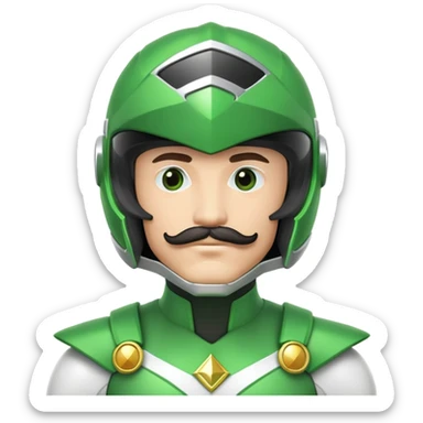 Green power ranger in white costume with a mustache, helmet with green visor sticker
