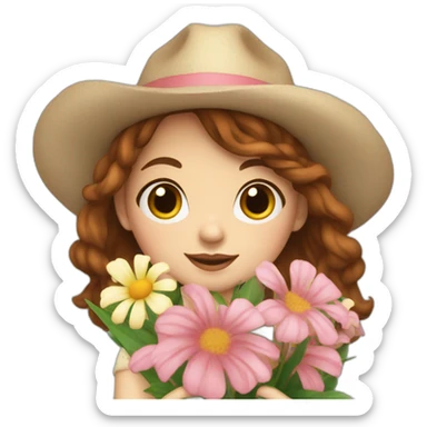 white skin with freckles, Girl with a hat, brown hair straight to the shoulders, holding a bouquet of flowers sticker