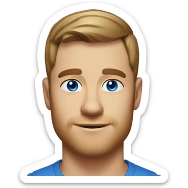 A head and shoulders shot of a 31 year old white man, with short brown hair,   with blue eyes wearing a t-shirt. sticker