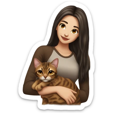 Beautiful woman long dark brown hair hug bengal cat sticker