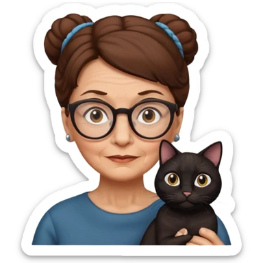 Old woman with brown hair one bun and glasses, white European
With black cat  sticker