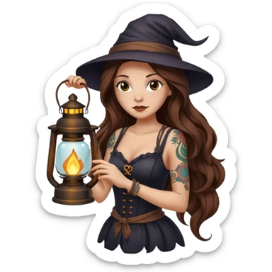 tired night witch woman long wavy brown hair tattoos holding lantern sticker