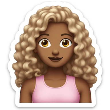 Olive-skinned white girl with long curly dark brown hair, brown eyes, wearing a pink tank top sticker