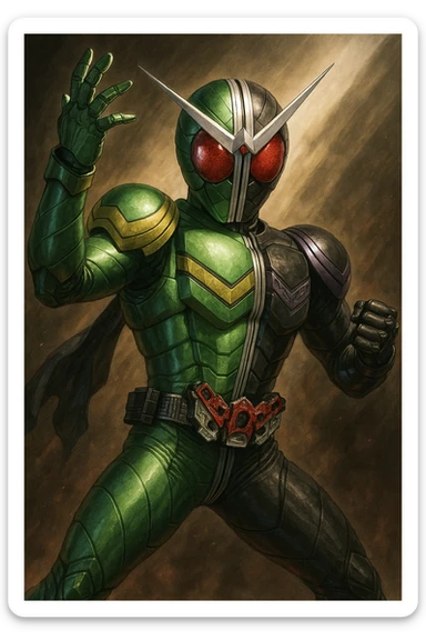 Kamen Rider W, half green and half black masked hero, dynamic pose, tokusatsu style sticker