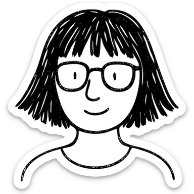 mujer con pelo negro, flequillo y gafas dibujo a mano icono sticker