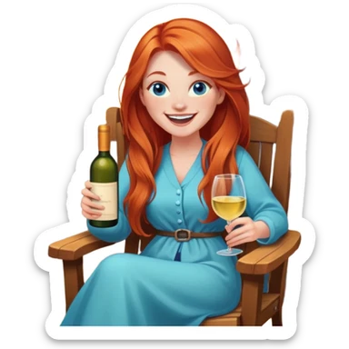 Laughing redhead with long hair and blue eyes holding white wine bottle sitting in chair beside fire pit  sticker
