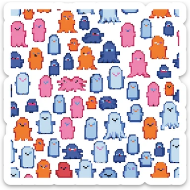 The four classic Pacman ghosts (red, pink, blue, and orange) lined up together sticker