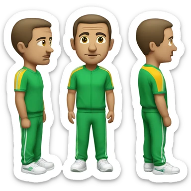 Middle age guy wearing a green tracksuit with the numbers 456 sticker