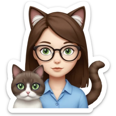 O data cu parul saten ,ochii griji-albastrii ,ochelari și codițe de pisica ..și langa o pisicuță alba pufoasa ,cu ochii verzi și o a doua pisica siameza pufoasa cu capul maro -negru și coada ,restul corpului un maro deschis spre alb  , ochii albaștrii sticker