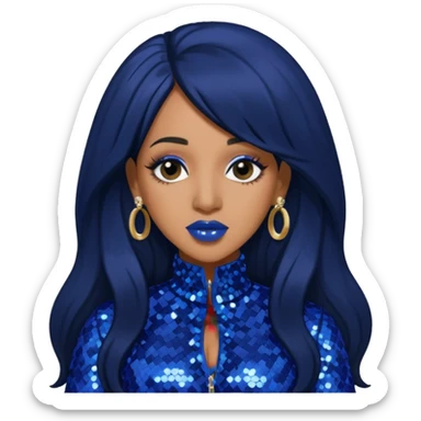 Cardi B with long jet black hair, indigo sequin outfit sticker