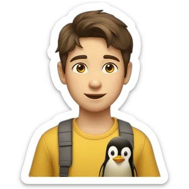 10 year old boy with brown hair wearing yellow ochre shirt with penguin on it sticker