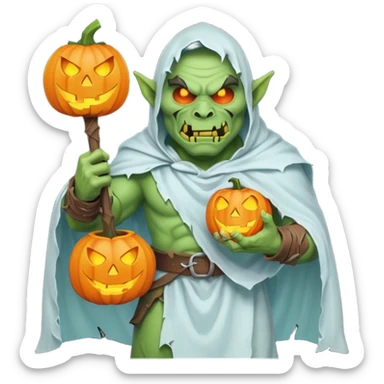 male orc warrior ghost emoji, green skin, tusks, wearing torn white ghost sheet costume, holding glowing jack-o'-lantern, faint blue aura, friendly but spooky expression, Halloween fantasy theme, Apple emoji style, clean white background, square sticker
