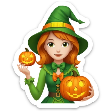 Woman Hunter With Jack o Lantern, wearing green costume, with bow sticker