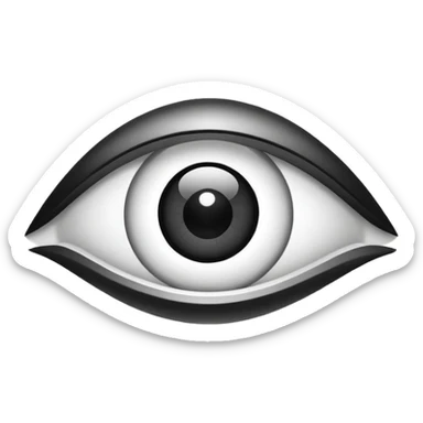 Minimalistic futuristic eye emoji, metallic black and white, reflective iris, smooth circular shape, flat vector, high contrast, centered, clean UI icon sticker